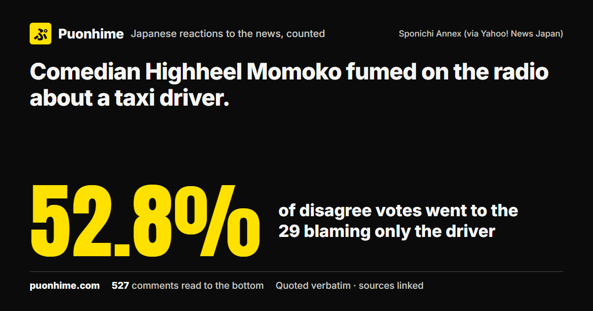 Comedian Highheel Momoko fumed on the radio about a taxi driver. (note cover image)