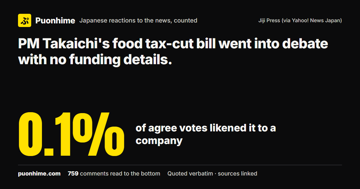 PM Takaichi's food tax-cut bill went into debate with no funding details. (note cover image)