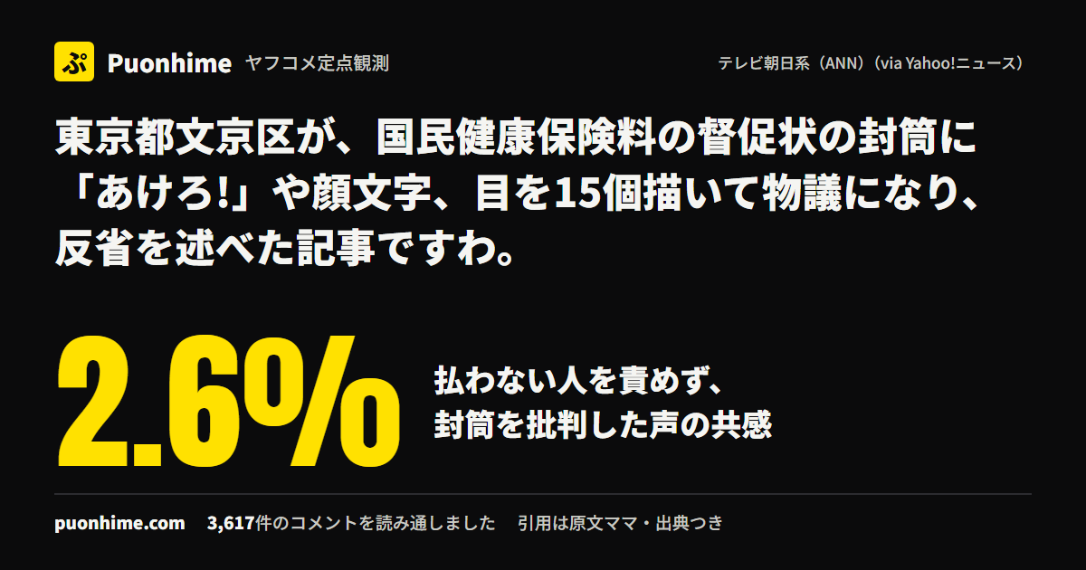 東京都文京区が、国民健康保険料の督促状の封筒に「あけろ!」や顔文字、目を15個描いて物議になり、反省を述べた記事ですわ。（ノートの表紙画像）