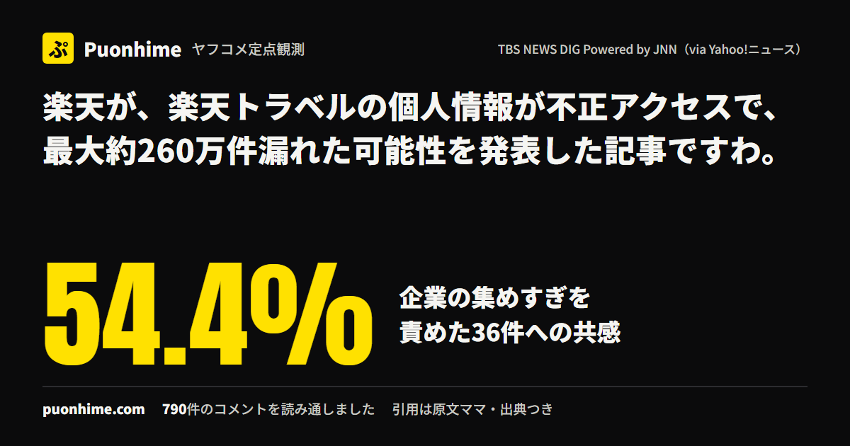 楽天が、楽天トラベルの個人情報が不正アクセスで、最大約260万件漏れた可能性を発表した記事ですわ。（ノートの表紙画像）