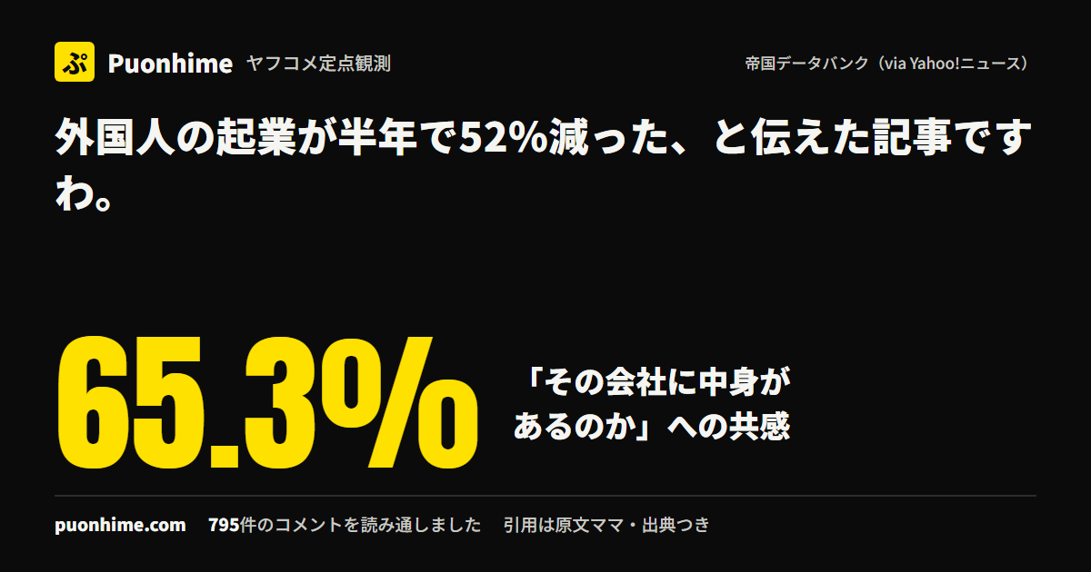 外国人の起業が半年で52％減った、と伝えた記事ですわ。（ノートの表紙画像）