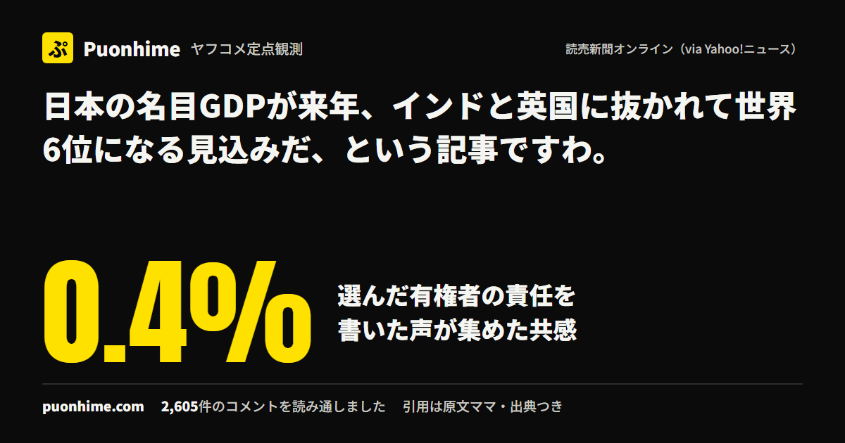 日本の名目GDPが来年、インドと英国に抜かれて世界6位になる見込みだ、という記事ですわ。（ノートの表紙画像）