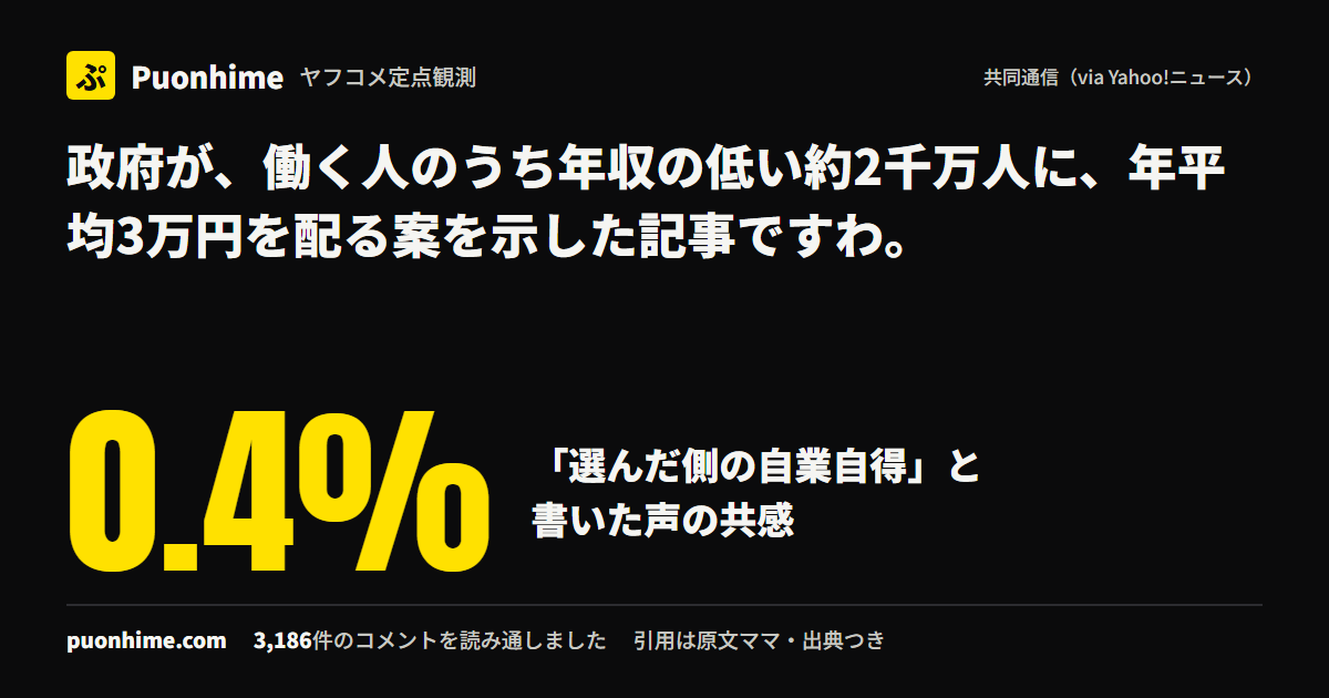 政府が、働く人のうち年収の低い約2千万人に、年平均3万円を配る案を示した記事ですわ。（ノートの表紙画像）